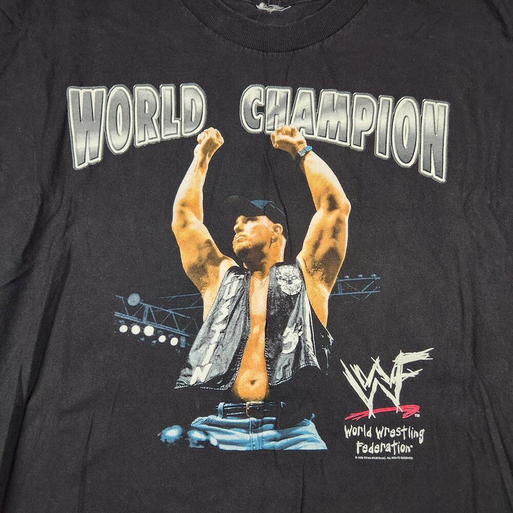 Vintage WWF World Champion Shirt Mens Large Black Wrestling Graphic Stone Cold